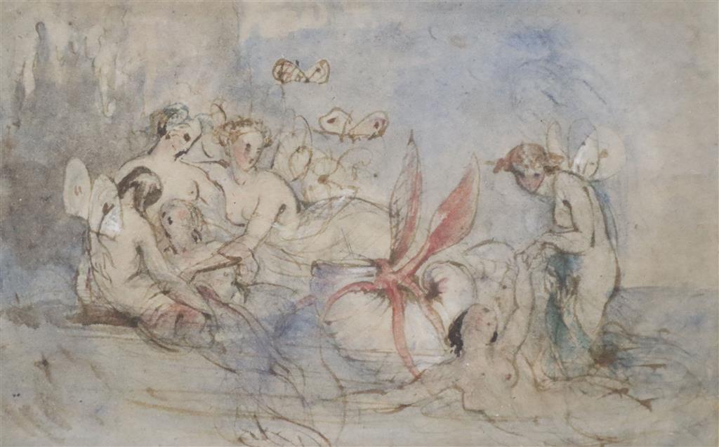 William Frost (1810-1879), ink and watercolour, The Toilet of Venus, Ruskin Gallery label verso, 14 x 22cm